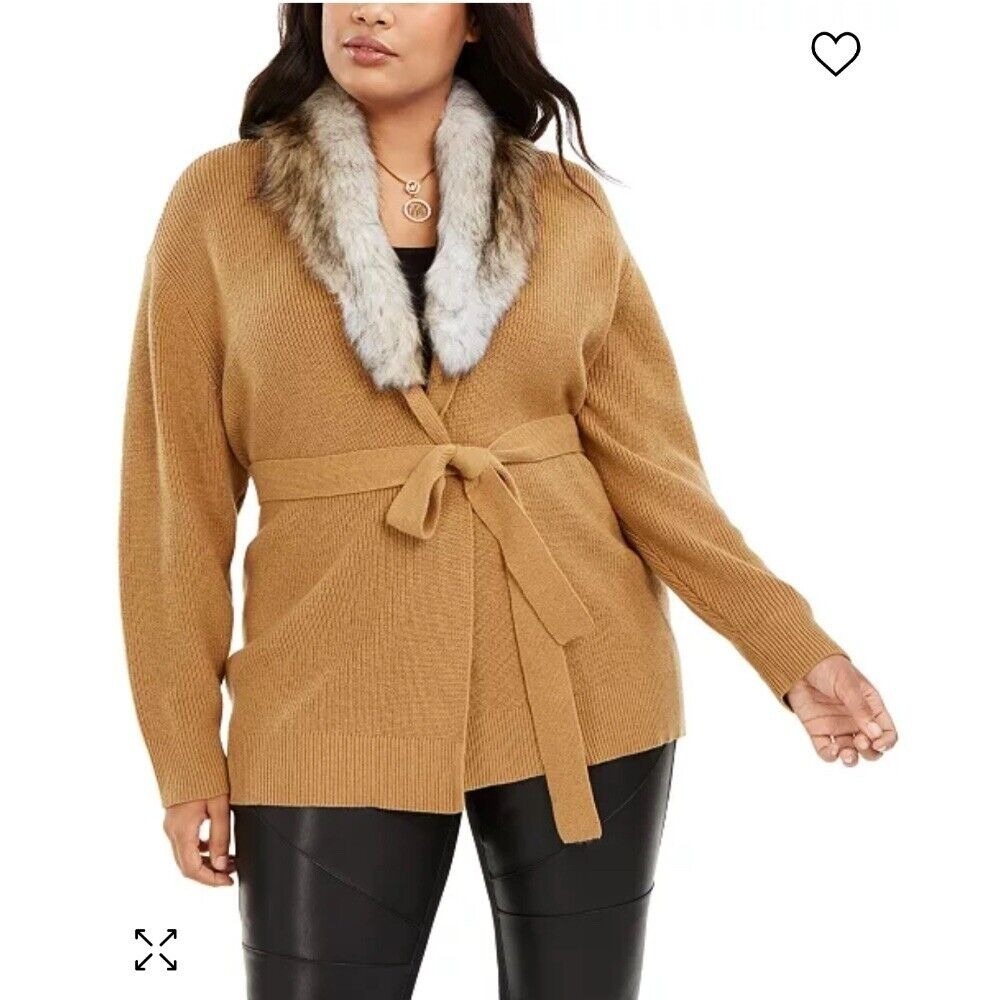 Michael Kors Camel Wrap Cardigan with Faux-Fur Shawl Collar